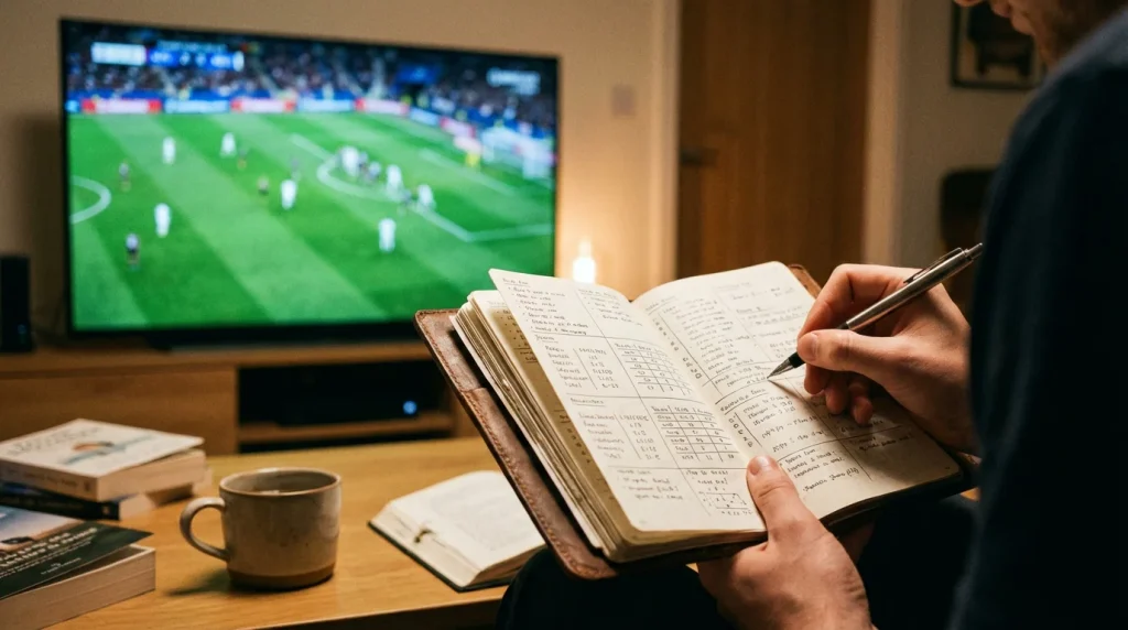 Personne prenant des notes dans un carnet tout en regardant un match de football à la télévision