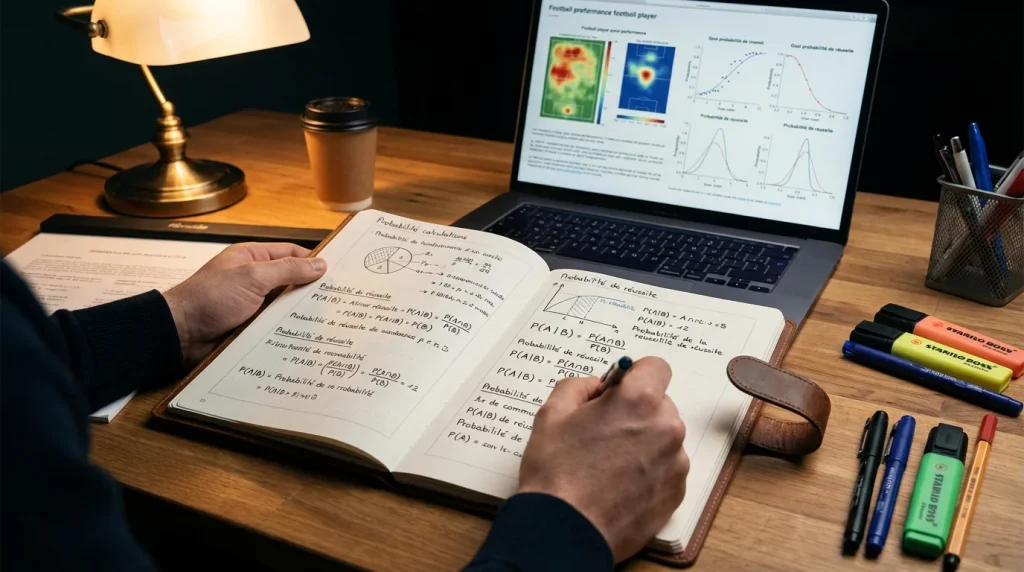 Mains travaillant sur des calculs de probabilités avec carnet et ordinateur affichant des statistiques de joueurs