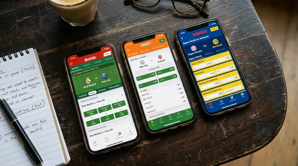 Écrans de smartphone affichant différentes interfaces de paris sportifs