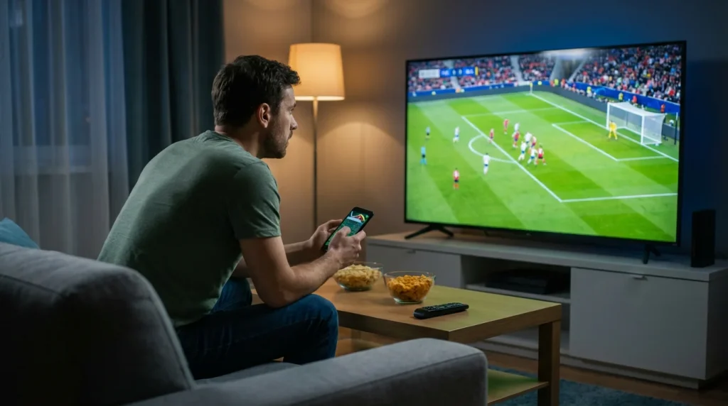 Supporter concentré regardant un match de football en direct sur grand écran avec smartphone en main
