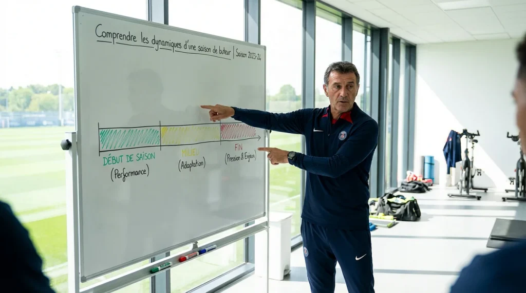 Entraîneur analysant les performances de la saison sur un tableau tactique