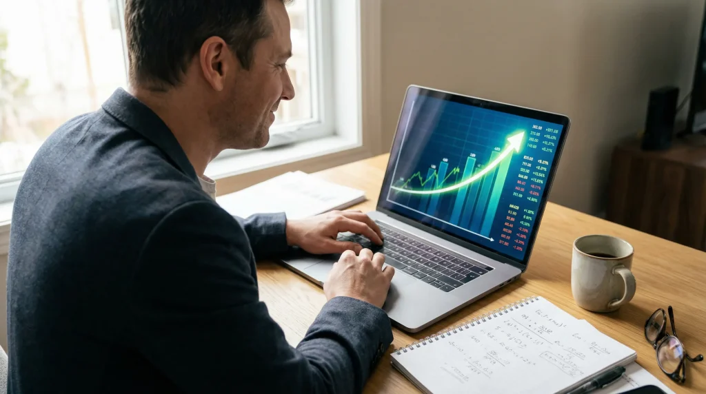 Personne satisfaite regardant un graphique de tendance positive sur écran d'ordinateur avec notes de calculs