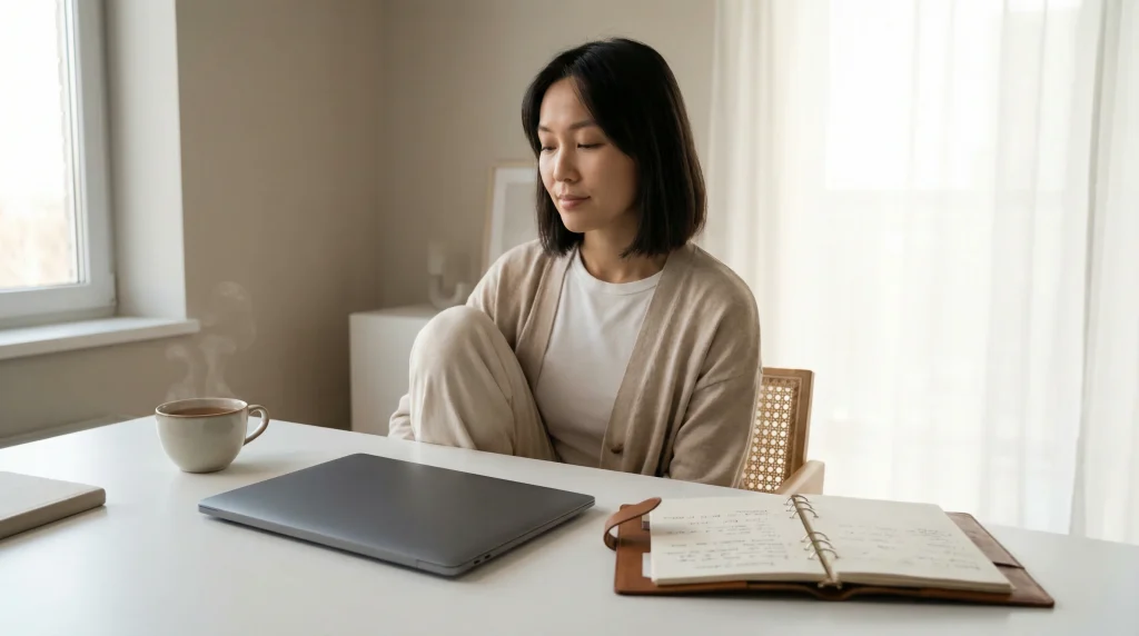 Personne calme et concentrée à un bureau organisé représentant la patience et la discipline du parieur stratégique