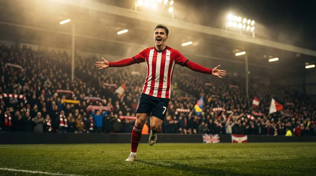 Attaquant de football célébrant un but dans un stade sous les projecteurs