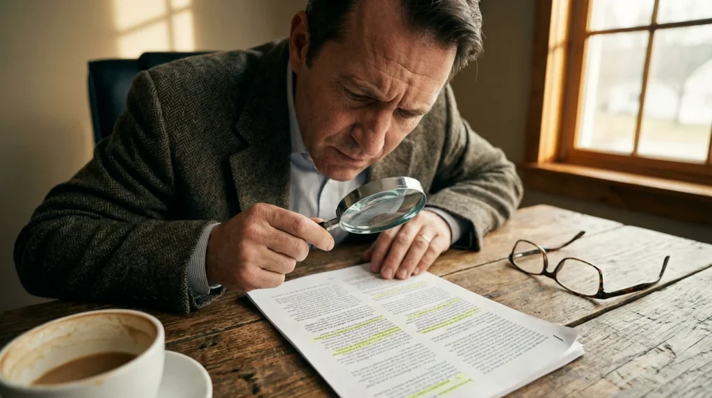 Personne lisant attentivement un document de conditions générales avec une loupe