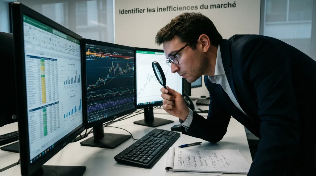 Analyste concentré étudiant des données détaillées sur écran à la recherche de patterns cachés