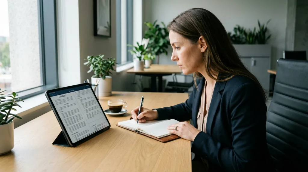 Personne prenant des notes en étudiant un contrat sur une tablette