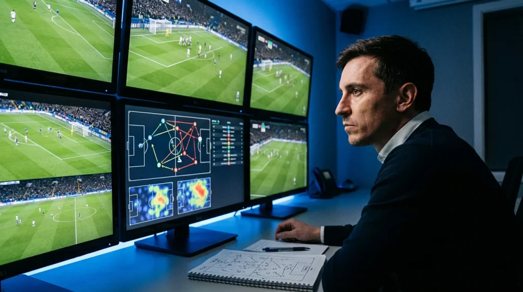 Analyste sportif étudiant un match de football sur plusieurs écrans dans un environnement professionnel