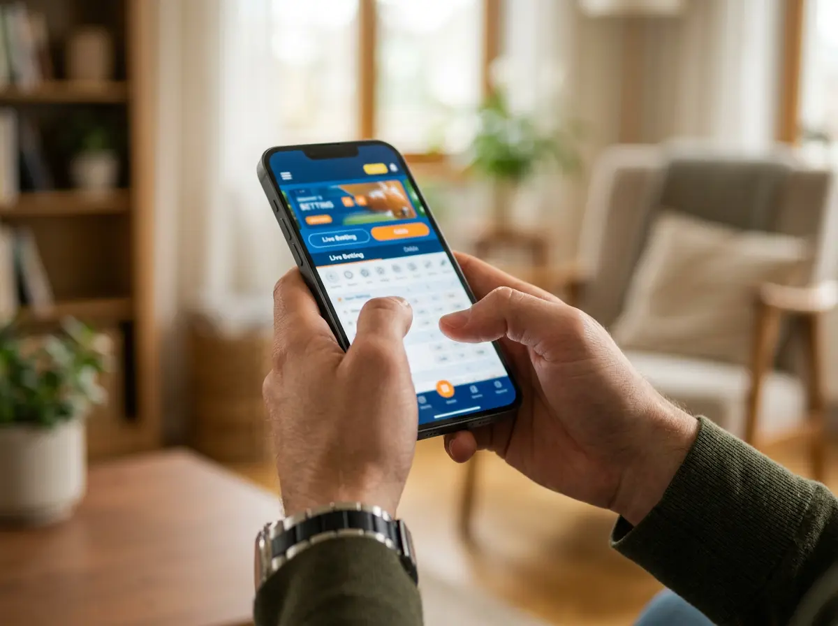 Mains tenant un smartphone avec une application de paris sportifs ouverte, illustrant la simplicité des paris buteur en ligne