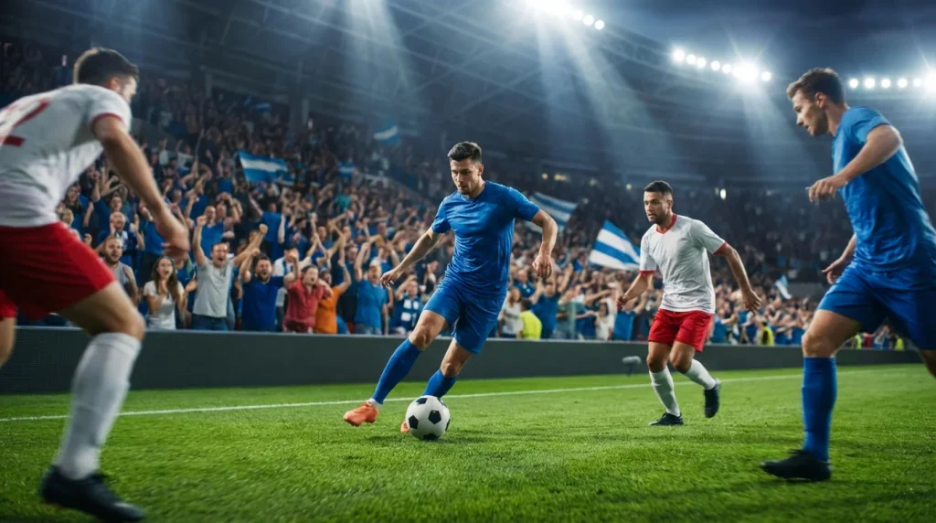 Match de football en direct avec attaquant en pleine action face aux défenseurs