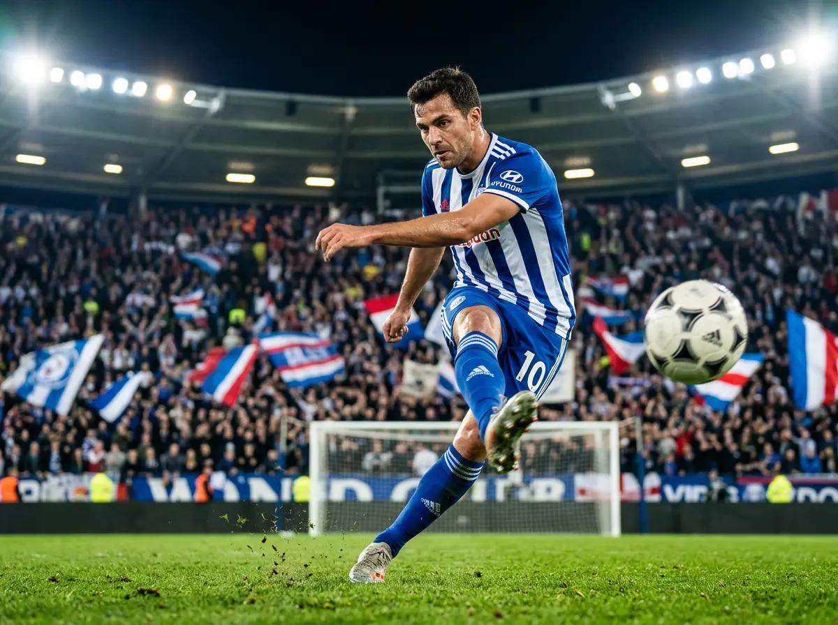 Joueur de football professionnel en pleine frappe vers le but dans un stade illuminé - Guide complet du pari buteur