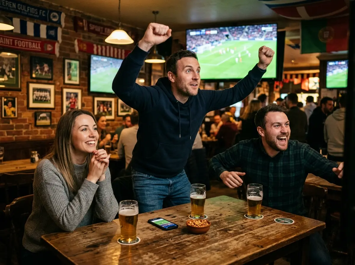 Groupe d'amis regardant un match de football dans un bar sportif, vivant l'excitation des paris buteur ensemble