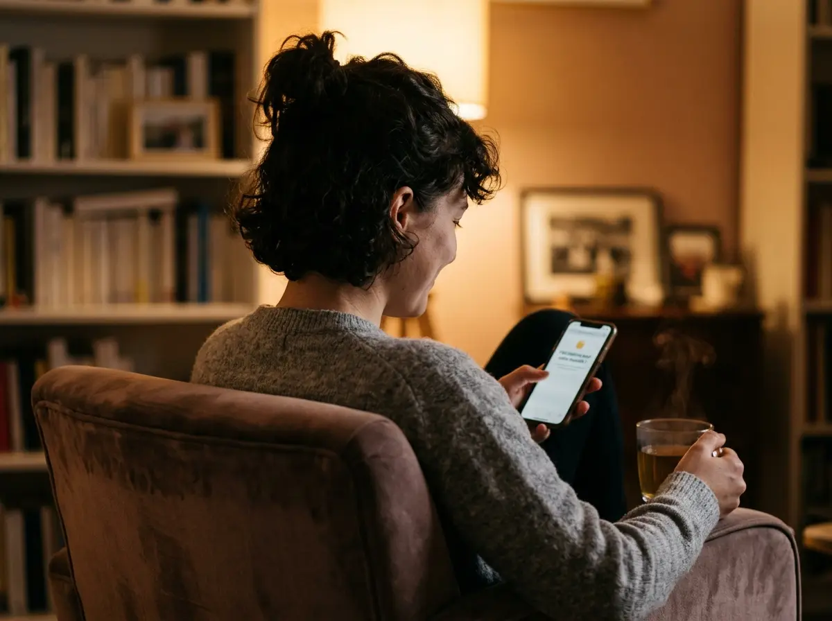 Personne satisfaite consultant son smartphone avec une tasse de café, représentant le jeu responsable et les paris réfléchis