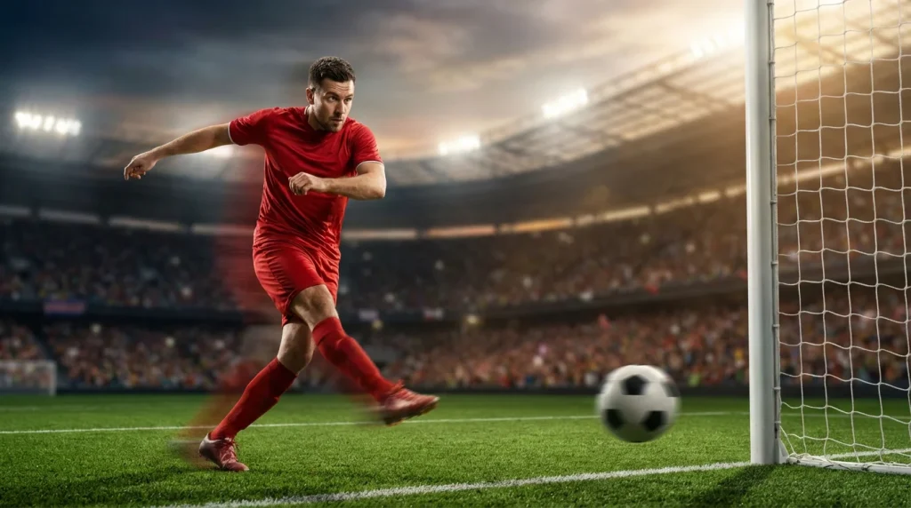 Attaquant de football en pleine frappe prêt à marquer le premier but du match