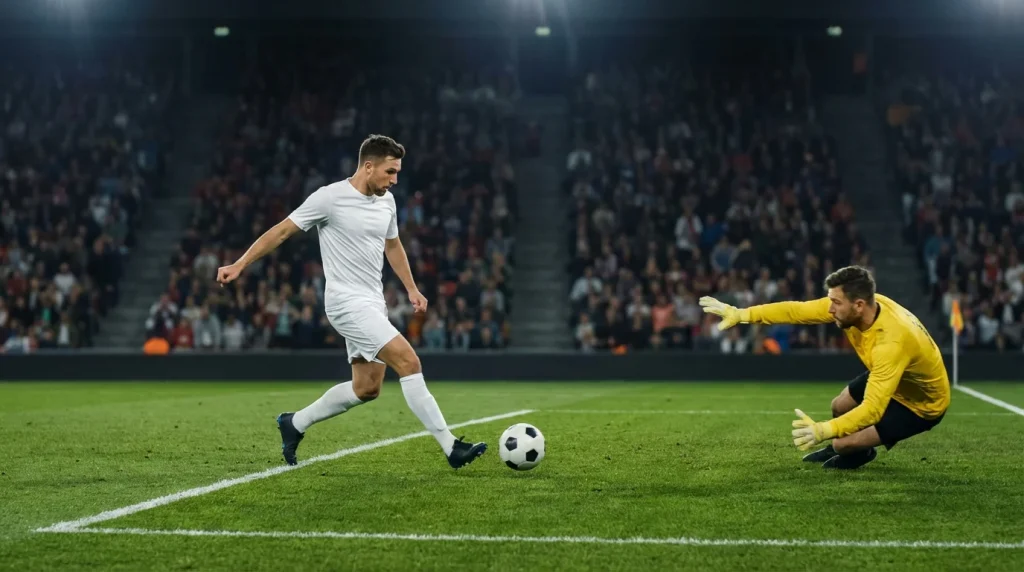 Attaquant de football en position de tir dans la surface de réparation avec gardien plongeant