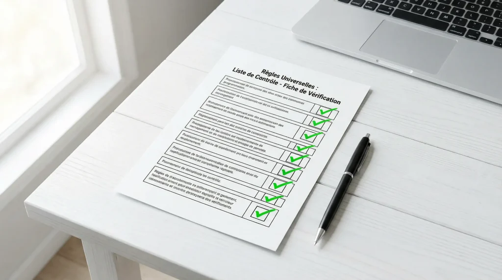 Document officiel avec des coches vertes validant les règles essentielles