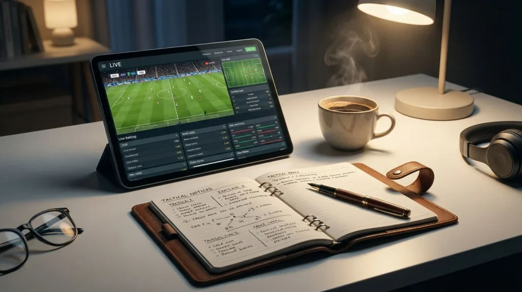 Espace de travail organisé pour les paris sportifs avec tablette montrant un match et carnet de notes