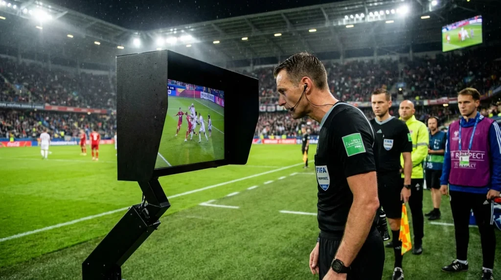 Arbitre de football consultant l'écran VAR pour une décision importante