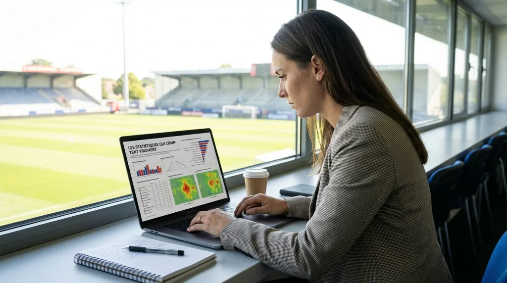 Analyste sportif étudiant les statistiques de football sur ordinateur portable