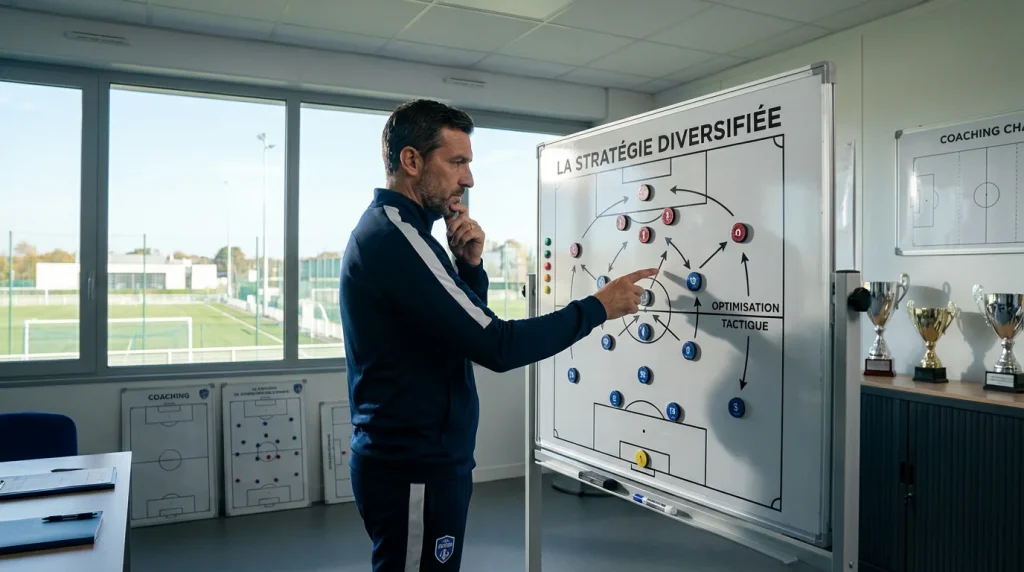Entraîneur de football analysant une formation tactique sur tableau blanc