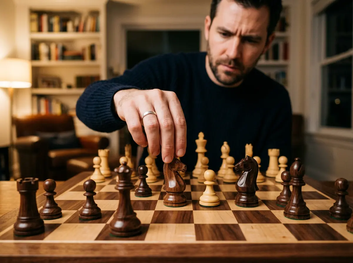 Personne réfléchissant devant un jeu d'échecs, symbolisant la stratégie et la planification dans les paris buteur
