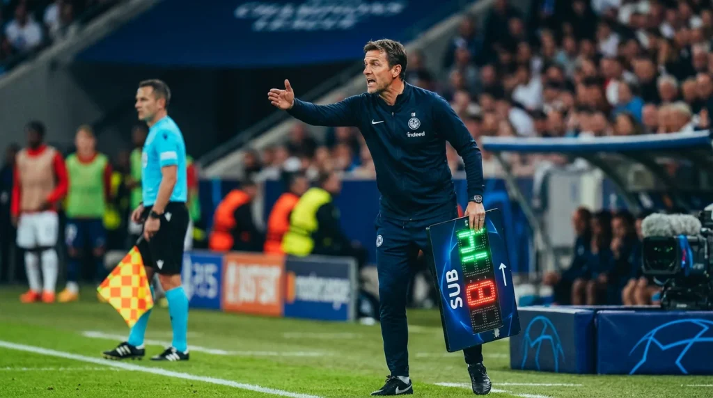 Entraîneur de football sur le bord du terrain prenant des décisions tactiques avec tableau de remplacement