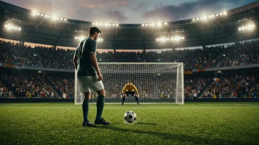 Moment de tension avant un penalty avec le tireur face au gardien de but