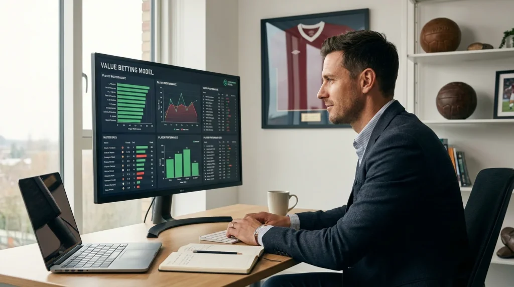 Analyste sportif professionnel examinant des statistiques de football sur écran pour identifier des value bets
